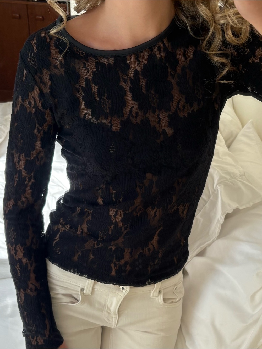 vintage 90's y2k Black Lace Long-Sleeve Sheer Top
